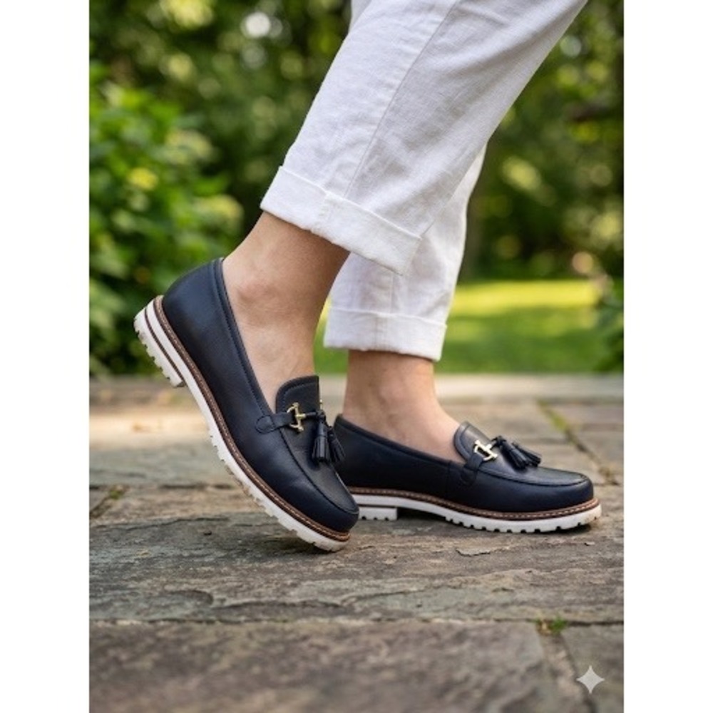 Talbots Navy Blue Leather Tassel Horsebit Loafers Lug Sole Shoes Womens 7M